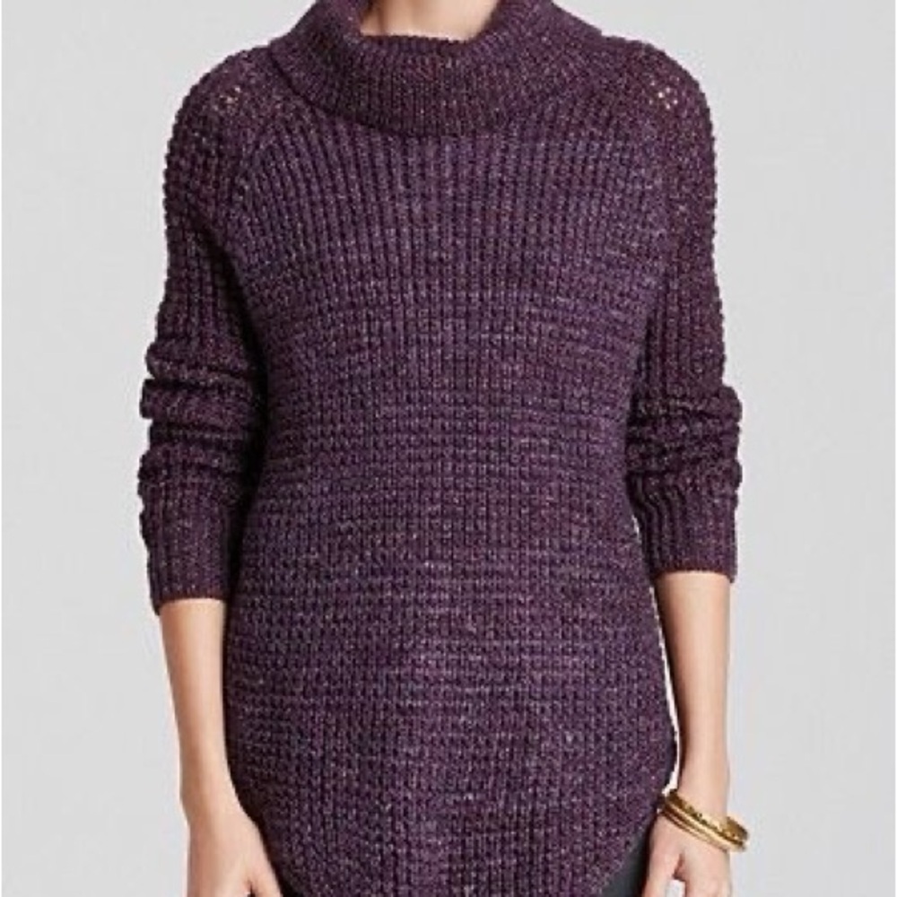 Free People Dylan Tweedy Wool Blend Deep Purple Cowl Neck Sweater M